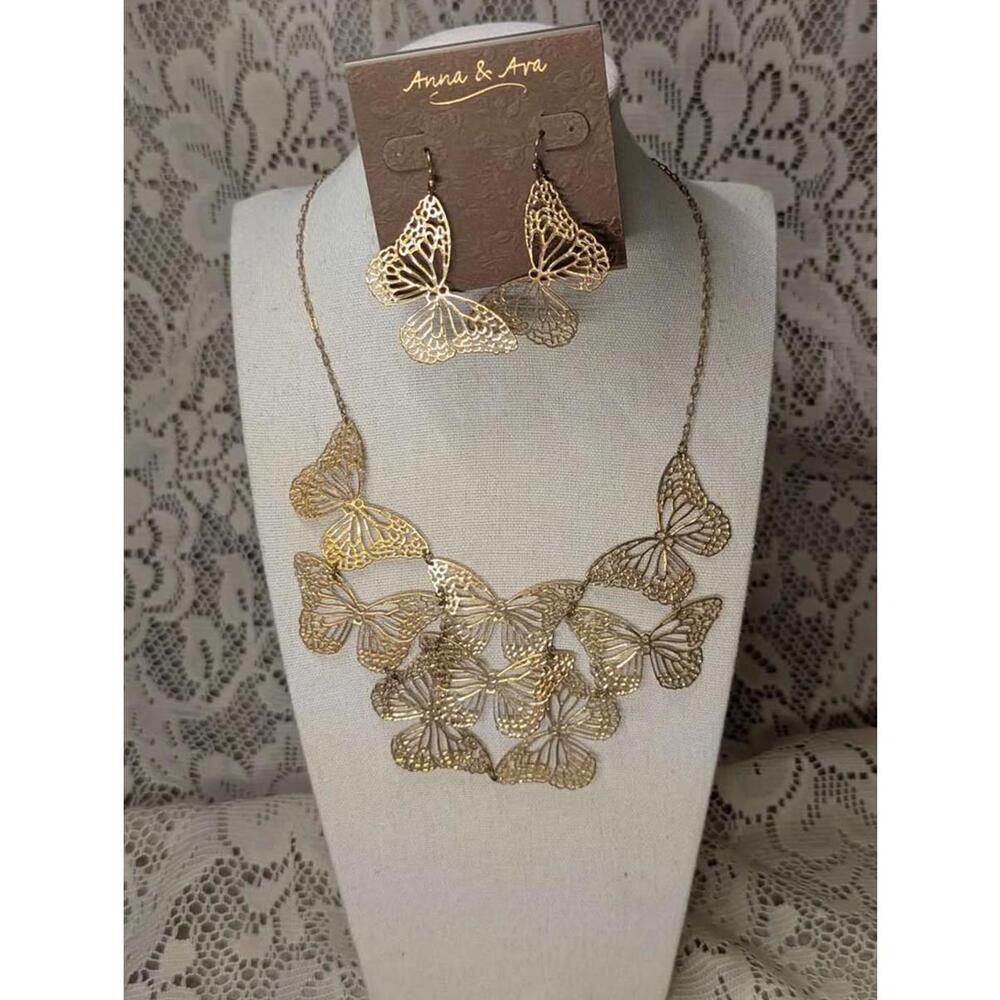 Anna & Ava Gold Butterfly Necklace and Earring Set, NWT